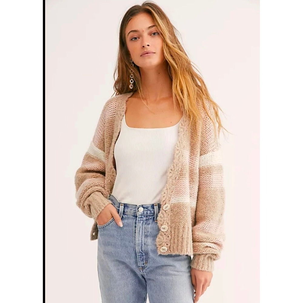 Free People High Tide Striped Cardigan Sweater Beige Pink XS OB1064049